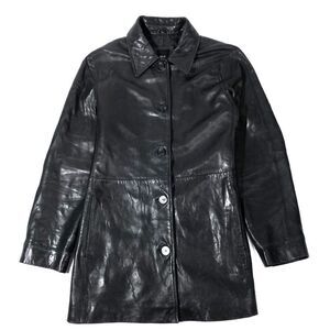 Vintage 90s Black Long Button Down Genuine Leather Dad Coat Jacket Minimal Large